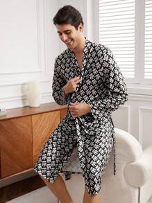 Men's Long Sleeve Homewear Robe With Letter Print - Black - View 3