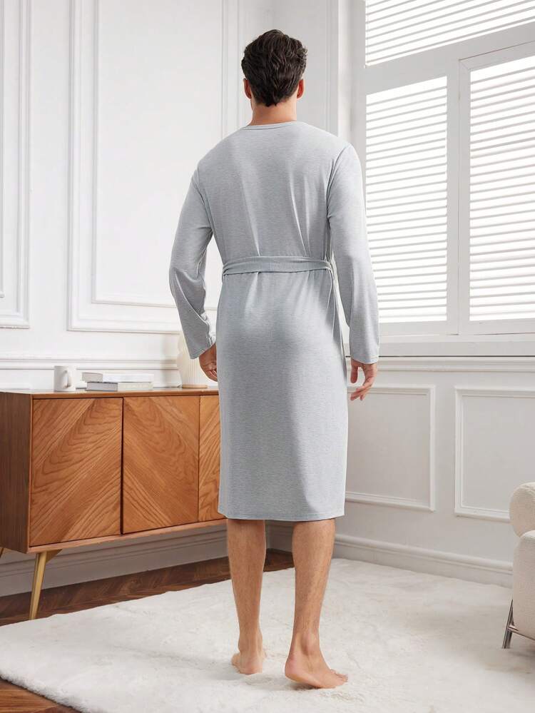 Men's Gray Comfortable Front Open Long Sleeve Robe For Home