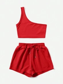 SHEIN EZwear 针织纯色单肩上衣和抽绳腰短裤套装 - 紅色 - 查看 3