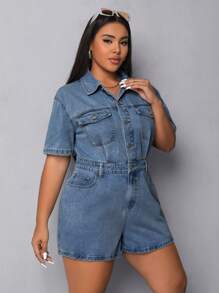 SHEIN EZwear Kích thước lớn Nút-Mặt trước Một nửa thân trước Ngắn tay Denim Áo liền quần Với Flap túi - Rửa trung bình - Xem 4
