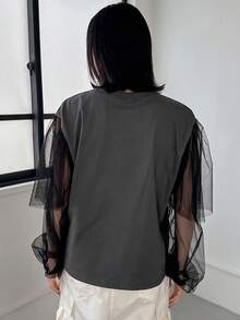 FRIFUL 网眼撞色字母印花短袖 T 恤 - 深灰色 - 查看 4