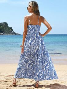 SHEIN VCAY Váy mùa hè lễ hội âm nhạc Váy nghỉ dưỡng màu trắng đế xanh họa tiết hoa jacquard Váy dây mảnh cho nữ - Xanh và trắng - Xem 2