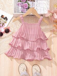 SHEIN 少女時尚優雅的圓領三層打褶荷葉邊背心上衣 - 粉色 - 查看 2