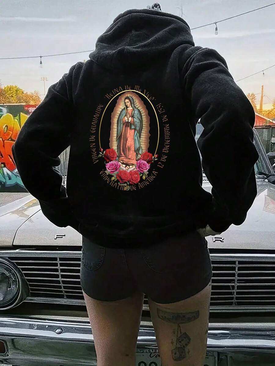 Sudadera con capucha informal de lana con impresión de la Virgen María, ropa deportiva de invierno de moda y holgada - Negro - Ver 1