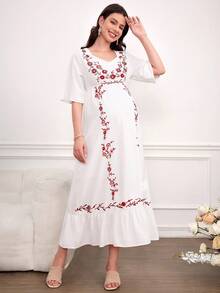 SHEIN Vestido Floral De Estilo Simples Para Maternidade - Branco - Visão 3