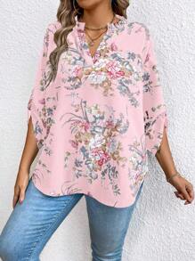 SHEIN Clasi Kích thước lớn Hoa In Cổ áo có khía Giải trí Áo sơ mi - Hồng - Xem 3