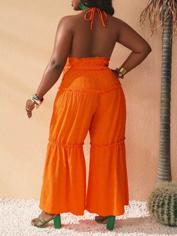 Plus Size V Neck Orange Halter Wide Leg Jumpsuit With Open Back For Vacation