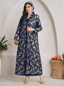 Al Najma Loose Fit Casual Abaya With Gold Foil Print, Muslim Fashion Abaya For Casual/Festival/Gathering/Travel - Navy Blue - View 6