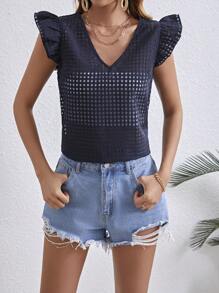 SHEIN VCAY Women's V-Neck Short Cap Sleeve Shirt - Navy Blue - View 5