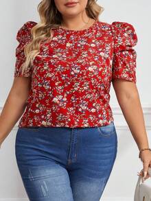SHEIN Clasi 大尺碼女性花卉印花短式泡泡袖圓領襯衫 - 酒紅色 - 查看 2