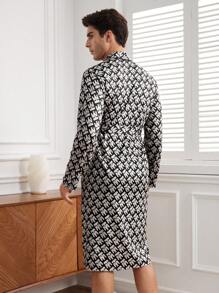 Men's Long Sleeve Homewear Robe With Letter Print - Black - View 2