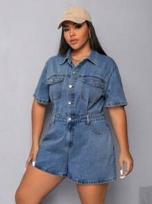 SHEIN EZwear Kích thước lớn Nút-Mặt trước Một nửa thân trước Ngắn tay Denim Áo liền quần Với Flap túi - Rửa trung bình - Xem 3