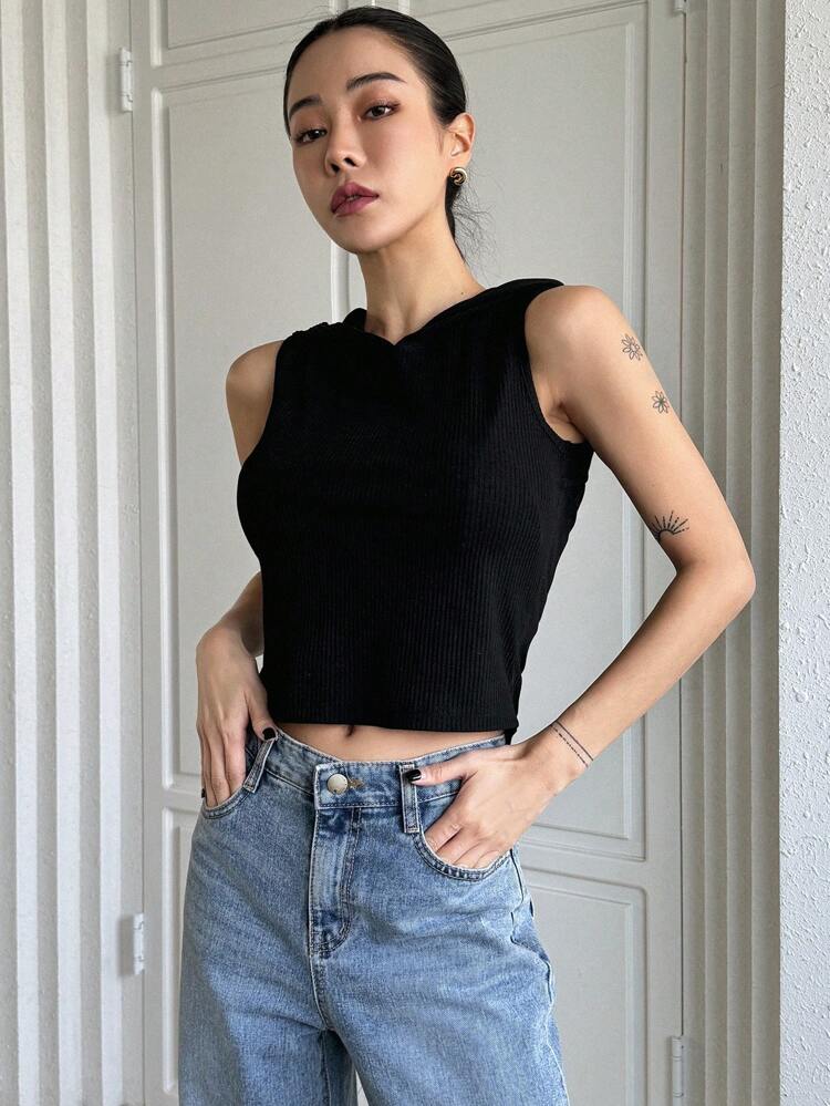 Solid Color Cropped Hollow Out Back Hoodie Tank Top