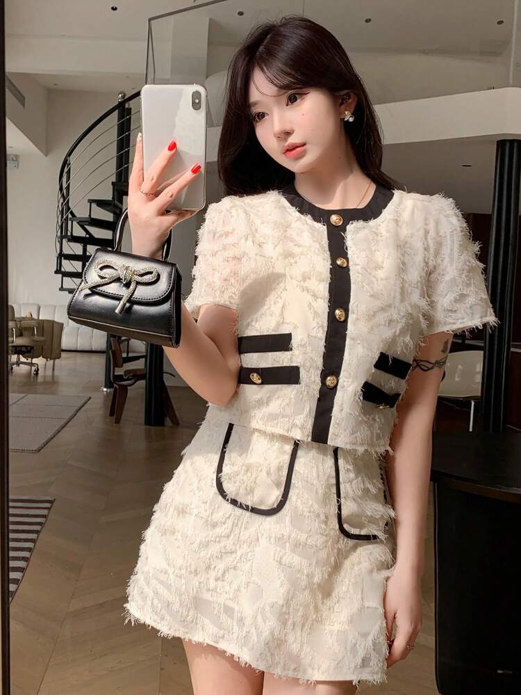 Color Block Short Sleeve Top With Button Front And Skirt With Rolled Hem, Women Two Pieces Sets