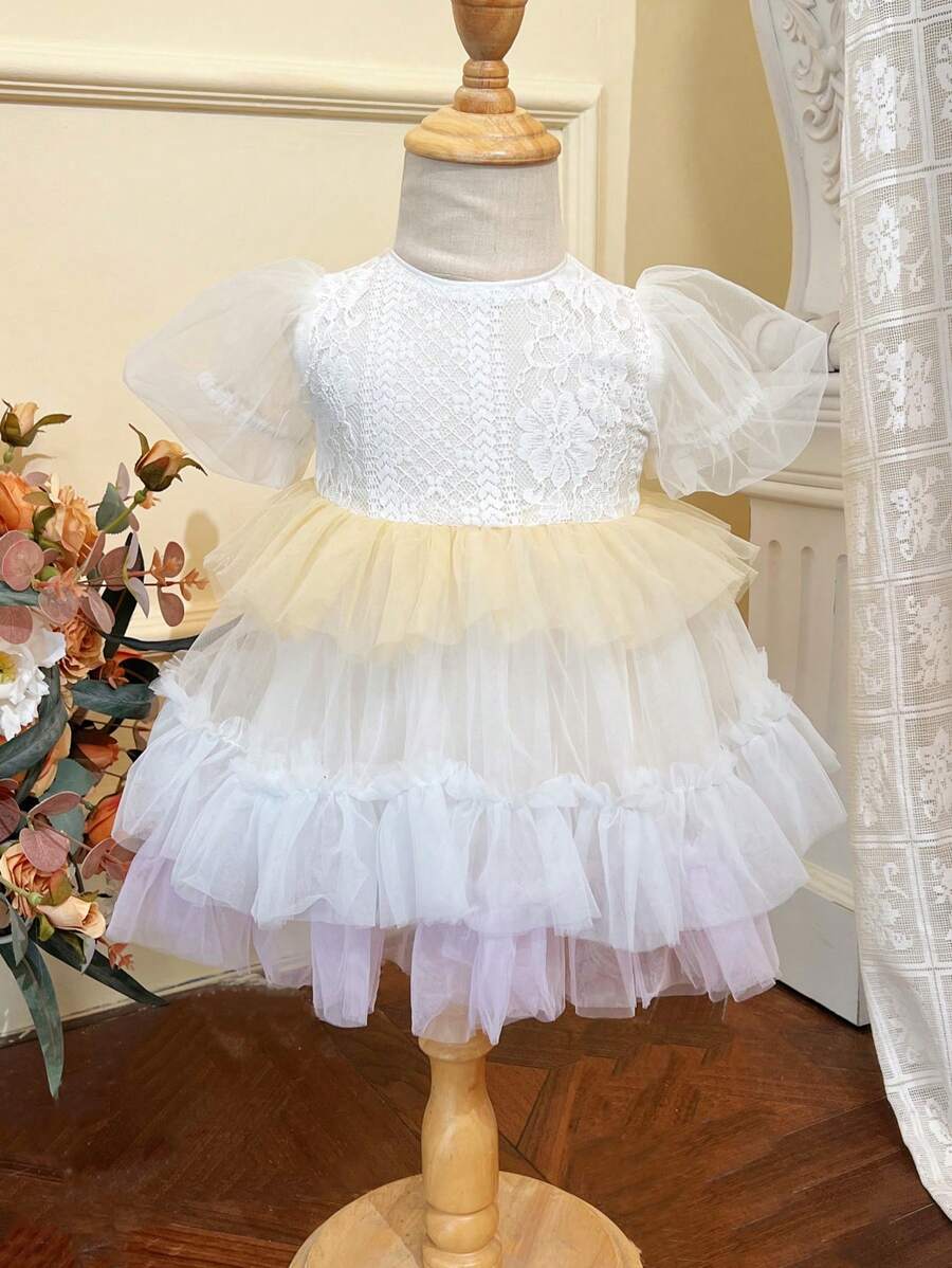 Baby Girl Lace Tulle Ruffle Hem Dress With Puff Sleeves - Beige - View 1