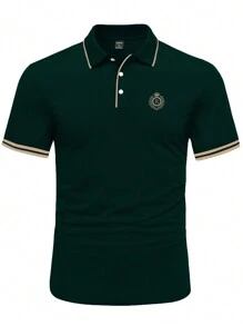 Manfinity Homme Camisa Polo De Manga Corta Para Hombre Con Letra Impresa De Bloque De Color - Verde Oscuro - Ver 3