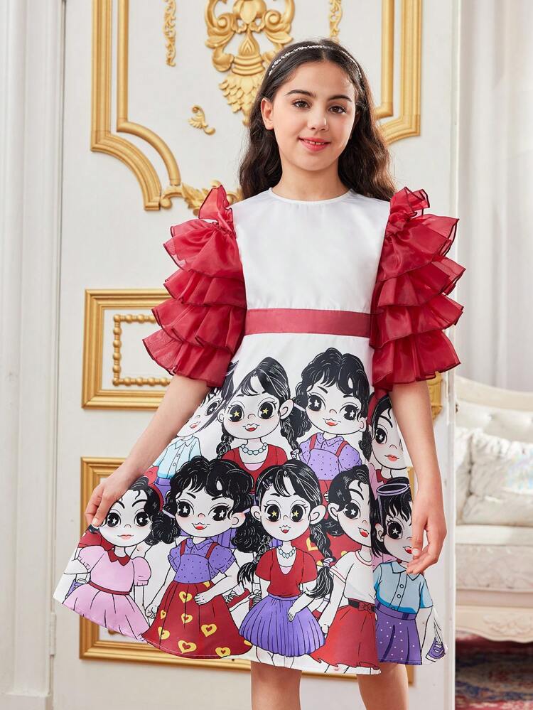 Tween Girl Cute Color Block Cartoon Character Print Dress With Patchwork