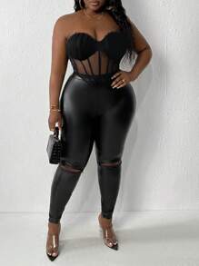 Slaydiva 性感網紗透視無肩帶加大尺碼女士上衣