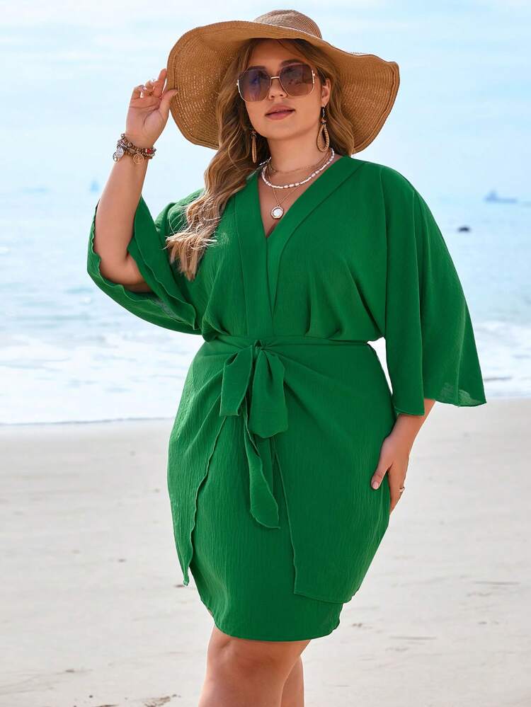 Plus Size Solid Color Batwing Sleeve Front Tie Dress