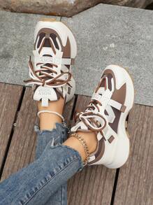 Women's College-Style Color-Block Sneakers With Letter Decoration, Lace-Up Thick-Soled Sports Shoes, Outdoor Breathable Brown Running Shoes