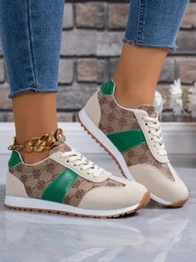 Women's New Beige & Khaki Color Embroidery Floral Print Retro Vintage British Style Agam Sneakers, Lightweight Soft Sole Non-Slip Casual Outdoor Student Running Shoes, Fashionable And Versatile,Trainers Women - Beige - View 2