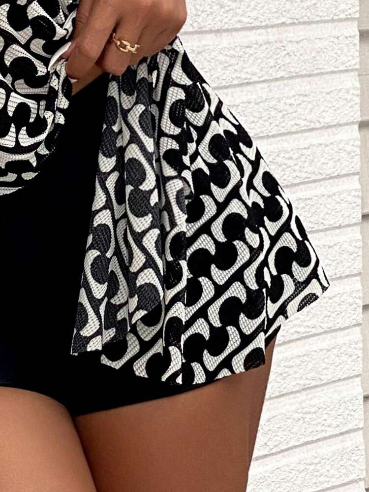 Women's Printed Splicing Swimwear Cami Top & Solid Color Boxer Shorts Swimwear Set, For Summer, Beach, Honeymoon, Travel, Vacation, Swimming Pool