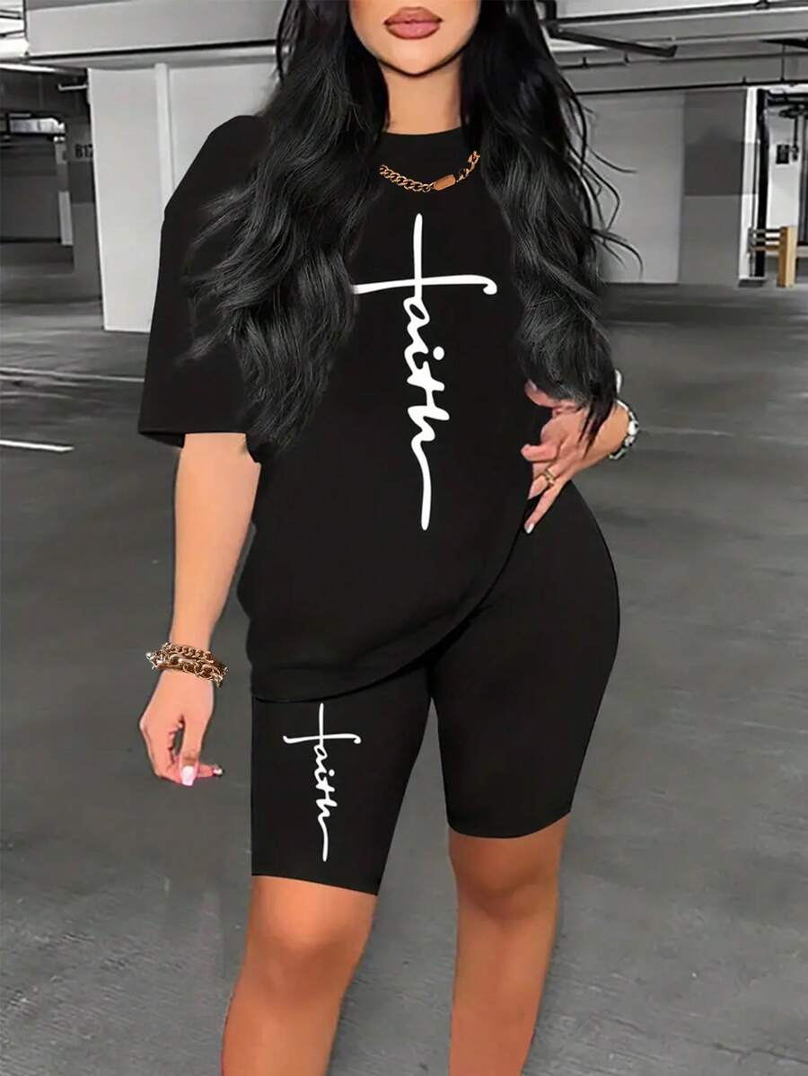 INAWLY 女性字母印花短袖t恤和短褲套裝 - 黑色 - 查看 1