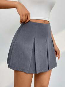 SHEIN PETITE 女士百褶裙，休闲百褶裙，拉链裙，常规版型，自然灰纯色女裙，春夏，日常休闲迷你裙 - 灰色 - 查看 3