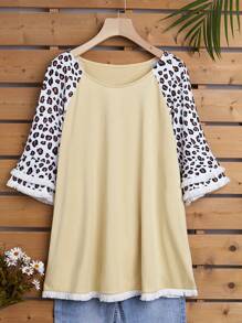SHEIN LUNE Franja Plissado Estampa de leopardo ocasional Camisola Plus Size - Amarelo - Ver 1
