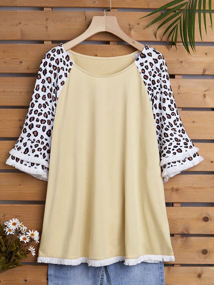 Plus Leopard Print Fringe Trim Raglan Sleeve Tee