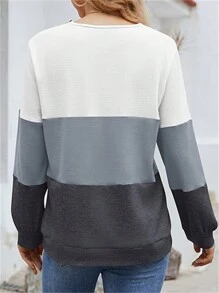 INAWLY Plus Size Women's Color Block Long Sleeve Tee With Button Decoration, Women Tops For Spring - Grey - View 2