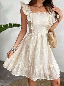 Solid Square Neck Ruffle Armhole Lace Trim Schiffy Dress - Apricot - View 4