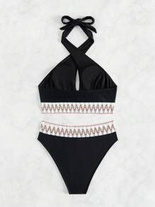 SHEIN Swim Set de bikini din două piese, cu bloc de culoare, cu model în zig-zag, decupaj în cruce, pentru plajă de vară