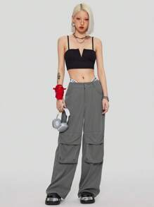 SHEIN EZwear Women's Cargo Solid Color Loose Fit Wide Leg Pants - Dark Grey - View 4
