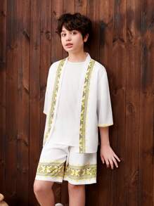 SHEIN Conjunto De Camisa Y Pantalón Corto Para Niños Adolescentes Con Corte Holgado, Informal, Estampado De Cuello De Campamento, Tejido