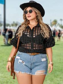 SHEIN LUNE Plus Size Grid Mesh Perspective Shirt - Black - View 3