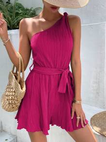 SHEIN Frenchy Women's One-Shoulder Sleeveless Romper Christmas Summer - Hot Pink - View 3