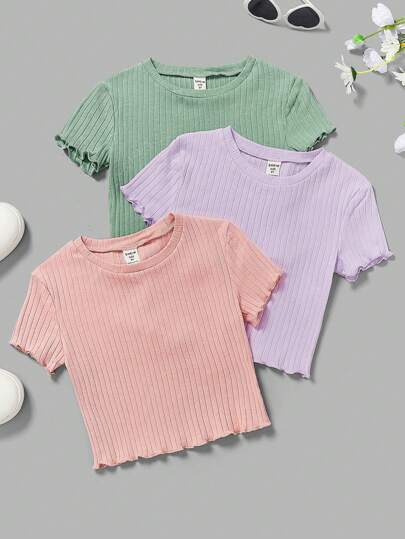 SHEIN Tween Girl Casual Comfortable Solid Color Round Neck Short Sleeve T-Shirt 3pcs Pack, School, Campus, College