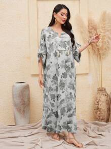 Al Najma Deep V-Neck Fringe Hem Allover Printed Dress