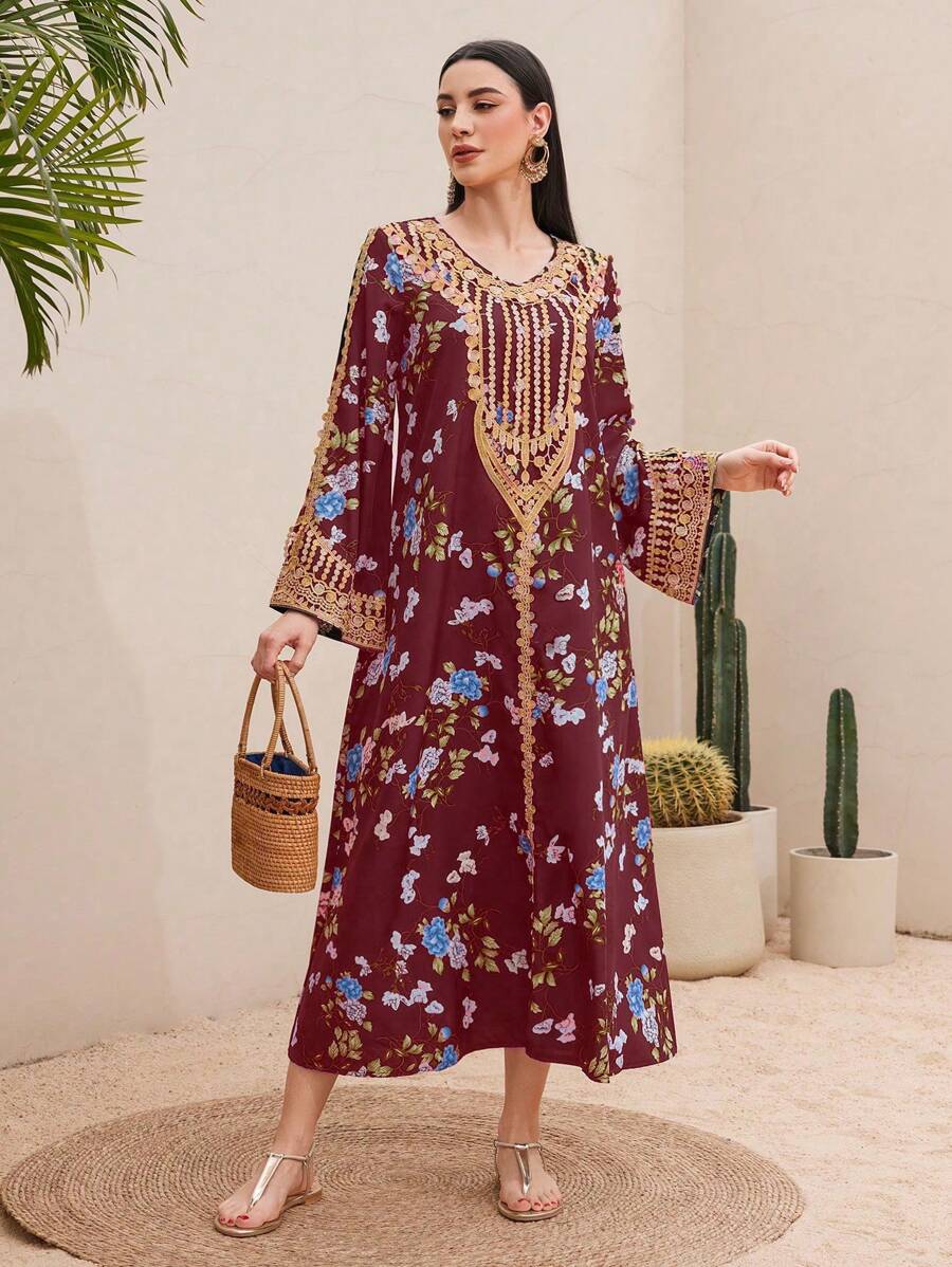 Al Najma 女士優雅花卉印花刺繡設計連衣裙 - 彩色 - 查看 1