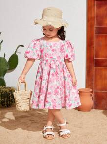 SHEIN Kleine Mädchen Gewebtes Blumenmuster Rundhals Puffärmel Lockeres Freizeitkleid Für Den Urlaub - Babypink - Übersicht 4