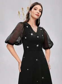 Modelyn Women's Bubble Sleeve Dress With Rhinestone ,Elegant Evening Party Dress Long Evening Dresses - Black - View 1