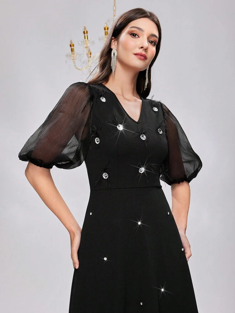 Women's Bubble Sleeve Dress With Rhinestone ,Elegant Evening Party Dress Long Evening Dresses