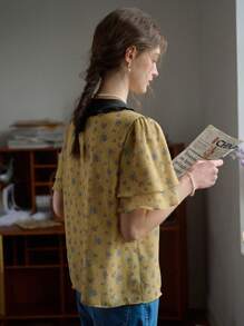 Simple Retro 小碎花印花拼布领前纽扣衬衫 - 綠色 - 查看 2