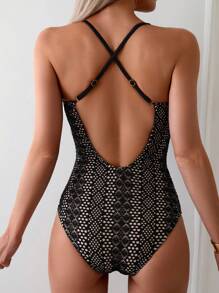 SHEIN Swim 女士露背荷葉邊綁帶單肩泳衣 - 彩色 - 查看 2