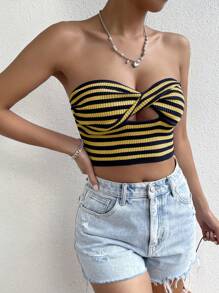 SHEIN Unity Women's Striped Knitted Twist Front Hollow Out Strapless Top - Multicolor - View 6