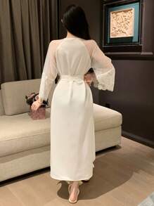 DAZY Lace & Rhinestone & Mesh Contrast Satin Nightgown Pajama - White - View 2