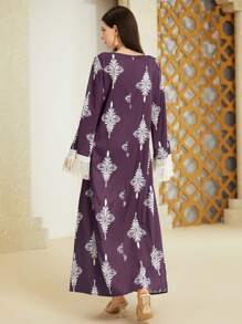 Al Najma Bohemian Print V-Neck Tassel-Trimmed Loose Dress