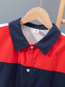 SHEIN Cậu bé Tween Lỏng lẻo phù hợp Khối màu Vá lại Ngắn tay Áo sơ mi , Phong cách Học viện - Nhiều màu - Xem 5