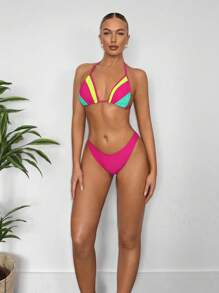 SHEIN Swim Women's Color Block Halter Tie Bikini Set Summer - Multicolor - View 4